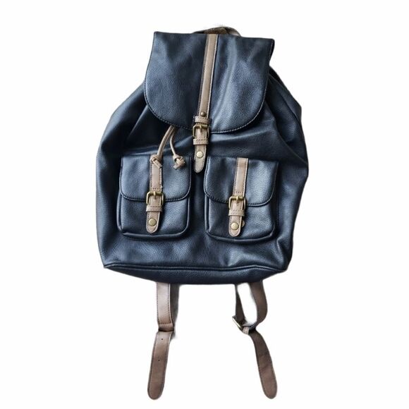 Accessorize Black Tan Buckle Faux Leather Backpack - Picture 1 of 8